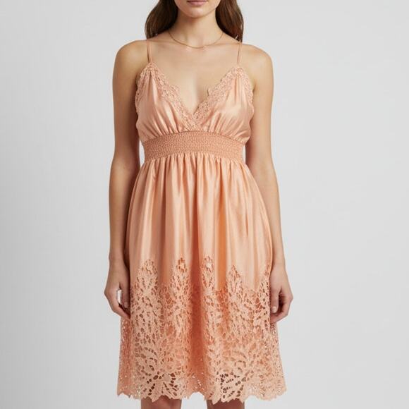 BCBG Silk Lace Eyelet Babydoll Dress Large Peach Spaghetti Strap y2k Party - Picture 1 of 15